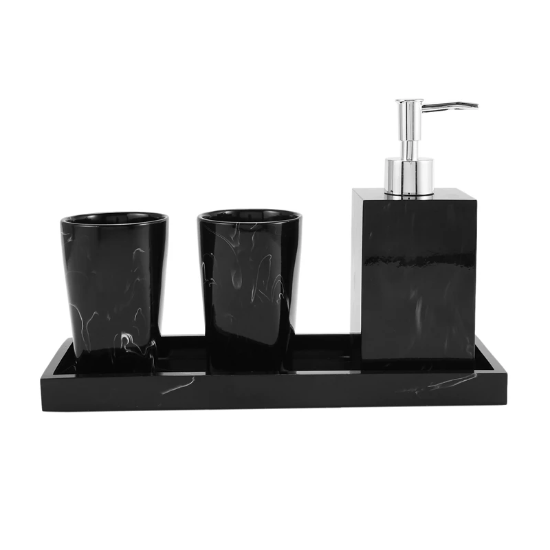

Promotion! Marble Texture Bathroom Supplies Black 4Pcs Resin Bathroom Accessories With Dispenser Toothbrush Holder Soap Dispense