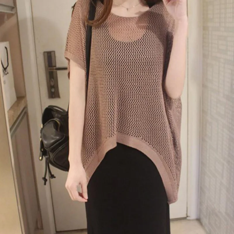 

Stylish Solid Color Knitted Hollow Out Asymmetrical T-Shirt Female Clothing 2023 Summer New Casual Pullovers Irregular Tee Shirt