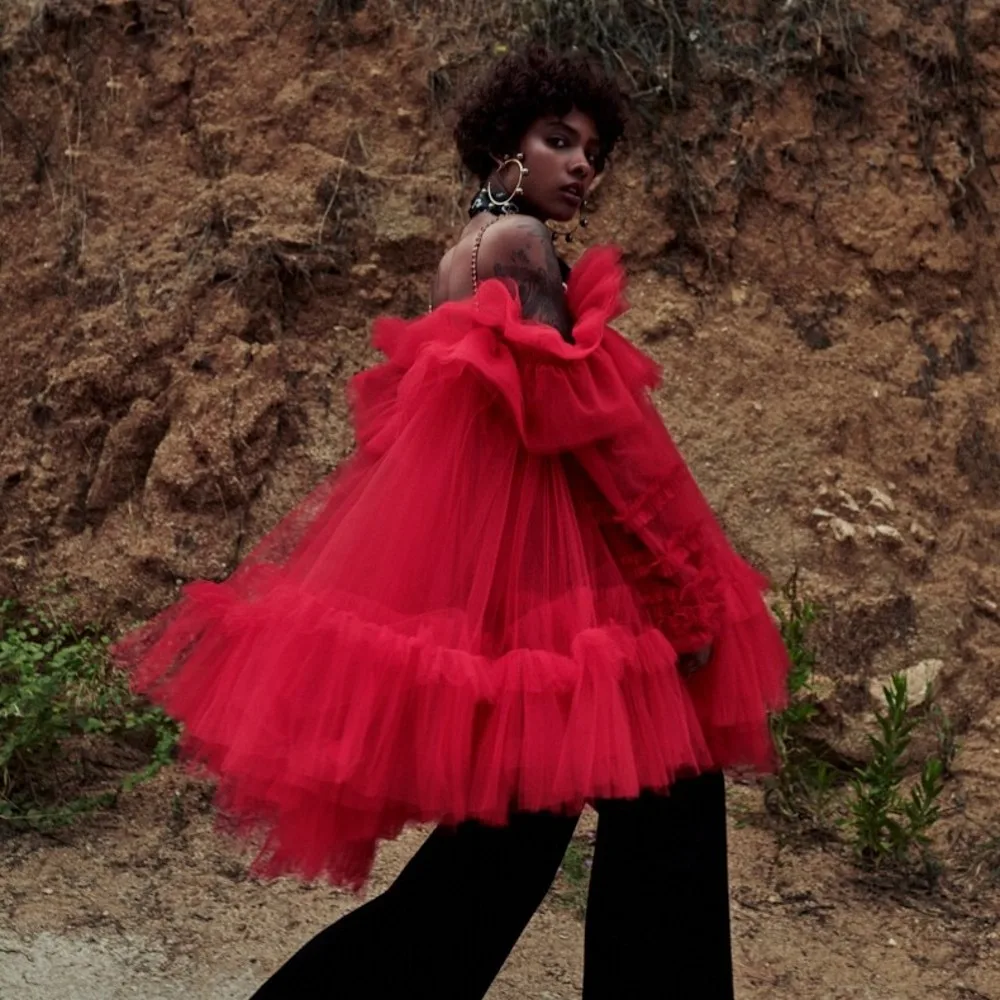 Женское Тюлевое платье-пачка с рукавами-фонариками трапециевидного силуэта