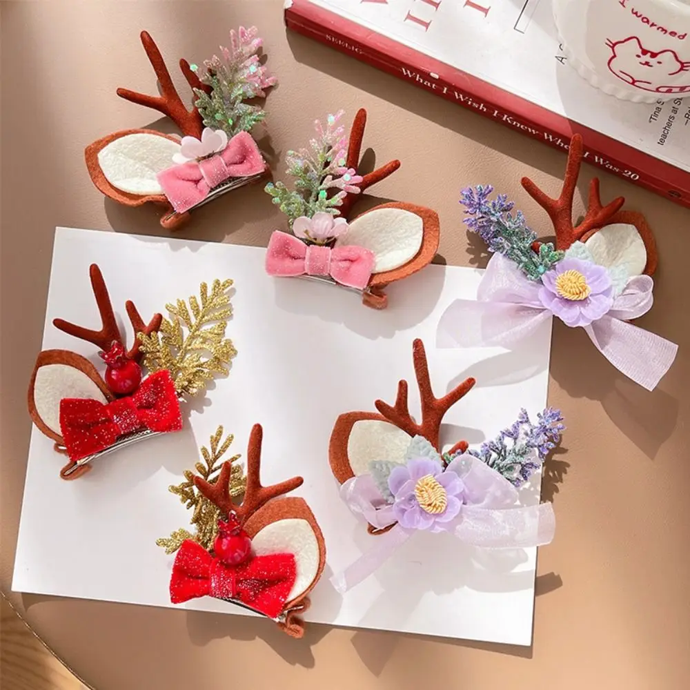 

Han Clothes Accessories Antler Hairpin Flower Bow Deer Horn HeadWear Decoration Christmas Hair Duckbill Clip