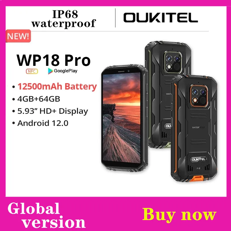 OUKITEL WP18 Pro смартфон с 5,5-дюймовым дисплеем, ОЗУ 4 Гб, ПЗУ 64 ГБ, 12500 мАч, 13 МП, Android 12