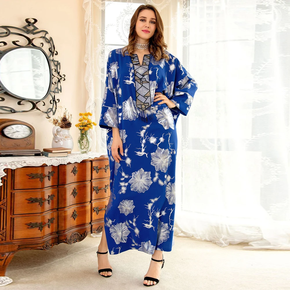 MD Eid Abayas For Women Dubai Turkish Stones Beads Tassel Dress Bohemian Kaftan Long Sleeve Gowns Muslim Floral Islamic Clothing