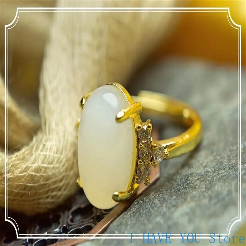 

Hot Sale Classic Vintage Ring Oval White Jade Ring Fashion Personality for Women Party Birthday Gift Jewelry Anillos Mujer