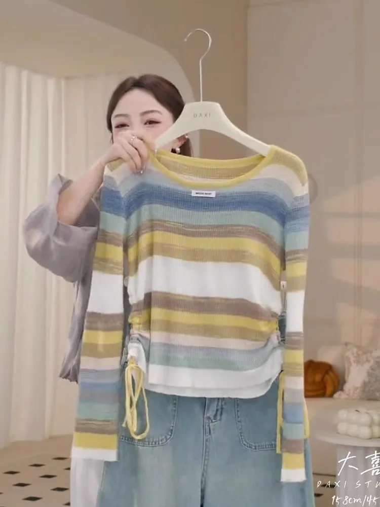 Spring and Autumn Winter Striped Knitted Bottoming Shirt Long sleeve Women's Clothes 2024 New Popular Top Graceful Sweater