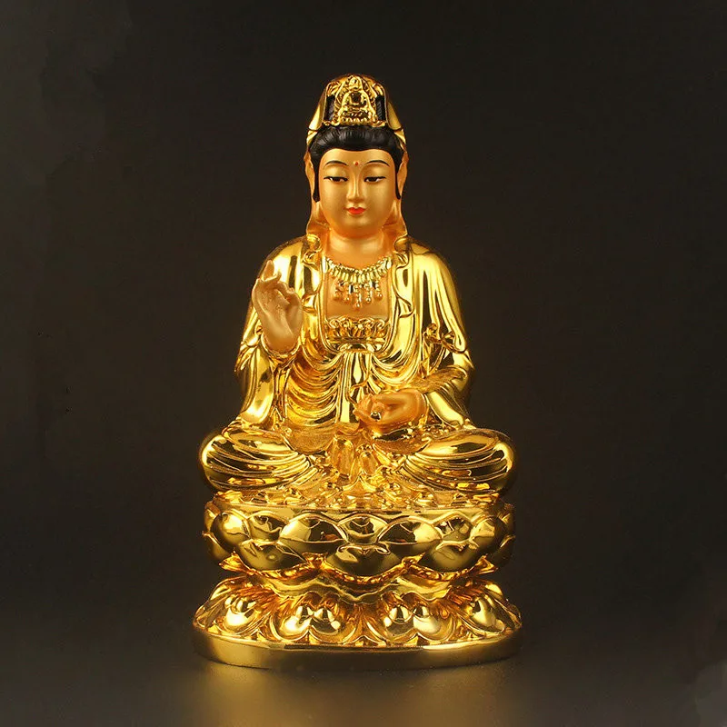 

Small Buddha Statue of Guanyin Bodhisattva ,Gold Plated Resin Auspicious Keep Safe Figurines Home Putting Decoration