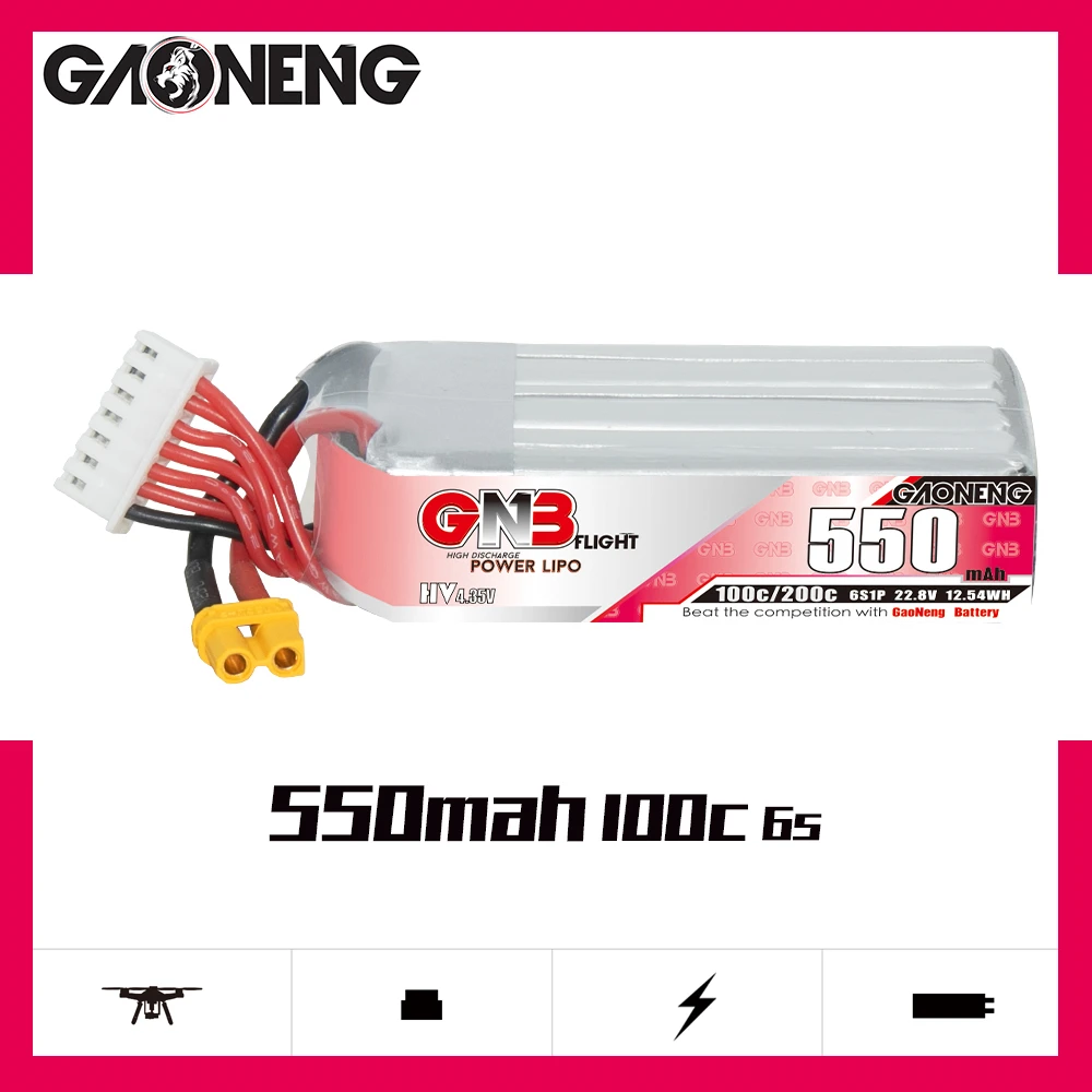 

GAONENG GNB 550mAh 6S1P 22.8V 100C/200C Light Weight LiHV Lipo Battery With XT30 Plug For FPV Racing Drone RC Helicopter Parts