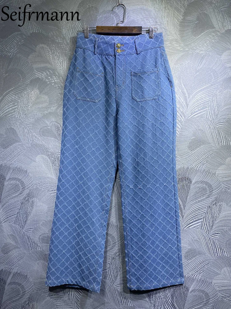Seifrmann High Quality Summer Women Fashion Designer Cowboy Pants High Waist Pocket Plaid Print Blue Print Long Pants Bottoms