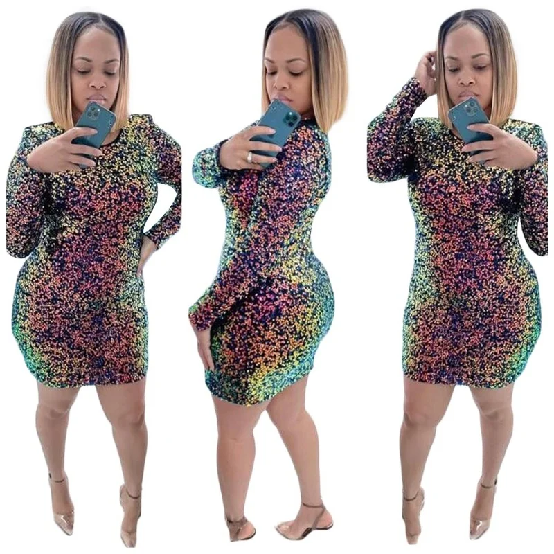 

Women Allover Sequins Mini Bodycon Elegant Dresses for Women 2022 Femme Sexy Long Sleeve Skinny Party Robe Lady Evening Clothing