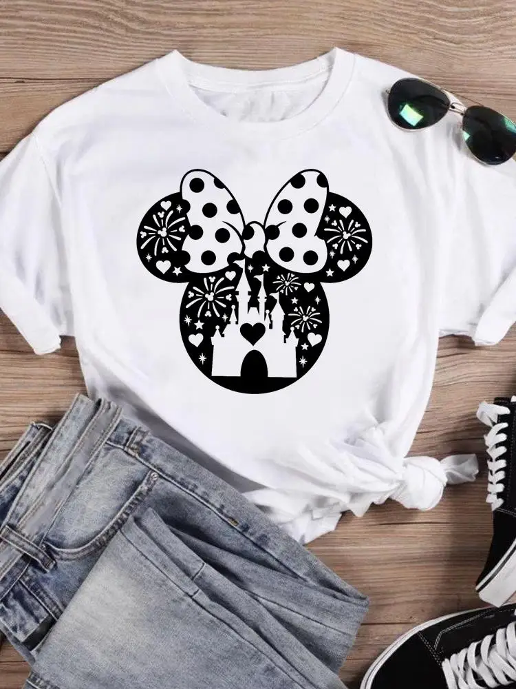

Модная леопардовая Женская футболка Disney, одежда с мультяшным принтом, футболка с бантом и Микки Маусом, повседневные футболки с коротким рукавом и принтом Love