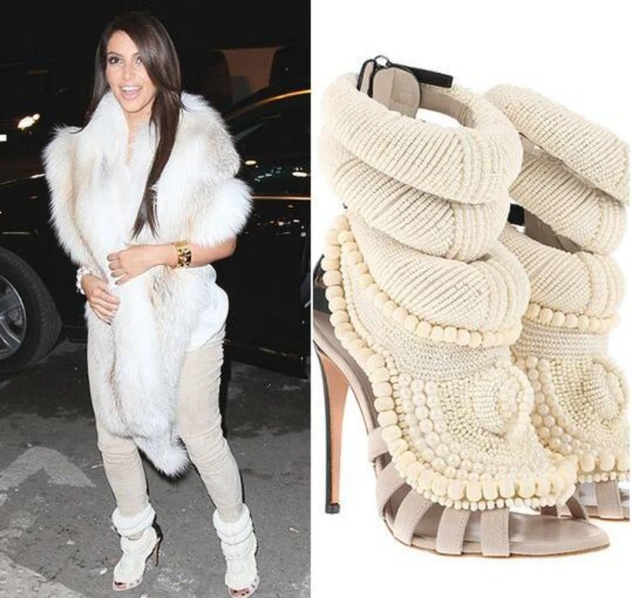 

White Pearl Embellished Kanye Sexy Stiletto Heels Women Peep Toe Cut-outs Back Zipper West Gladiator Sandals Boots