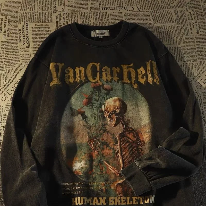 

Свитшот мужской с круглым вырезом, винтажный пуловер оверсайз в стиле хип-хоп, уличная одежда с цветочным принтом и скелетом, Y2K, зимняя одежда