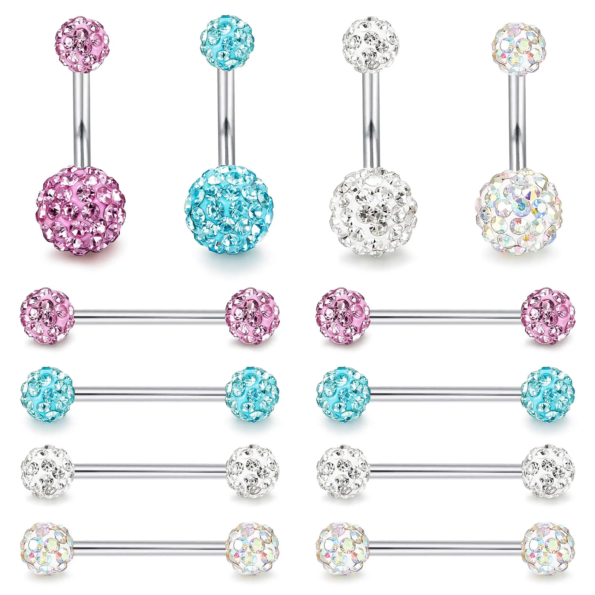 

1-12Pcs 14G Nipple Tongue Belly Button Ring Stainless Steel Rhinestone Crystal Ball Barbell Body Piercing Jewelry CZ Blue Purple