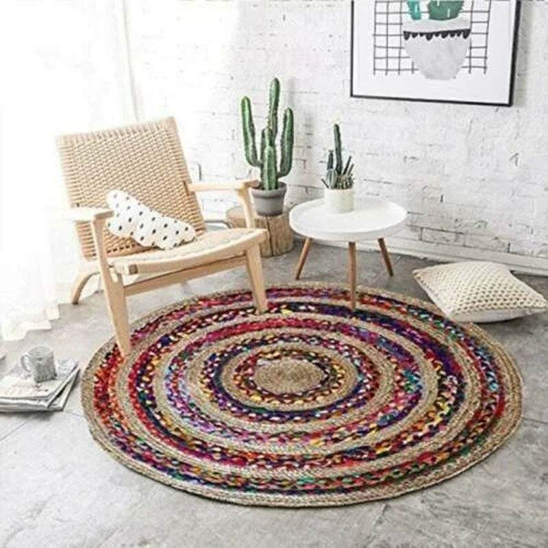 Round Rugs Vintage Reversible Jute Cotton 4x4 Ft Bohemian Area Dhurrie Boho Mat