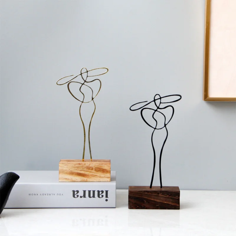 

Скандинавская Абстрактная Металлическая линия художественный декор черная железная линия скульптура элегантная женщина с шляпой фигурка ...