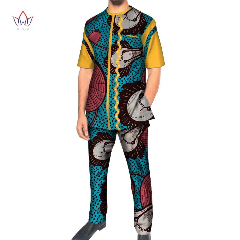 Causal 2pcs Men Top Shirt and Pant Trousers Set Bazin Riche African Clothes Cotton Print Peal Short Sleeve Dashiki WYN974 | Тематическая