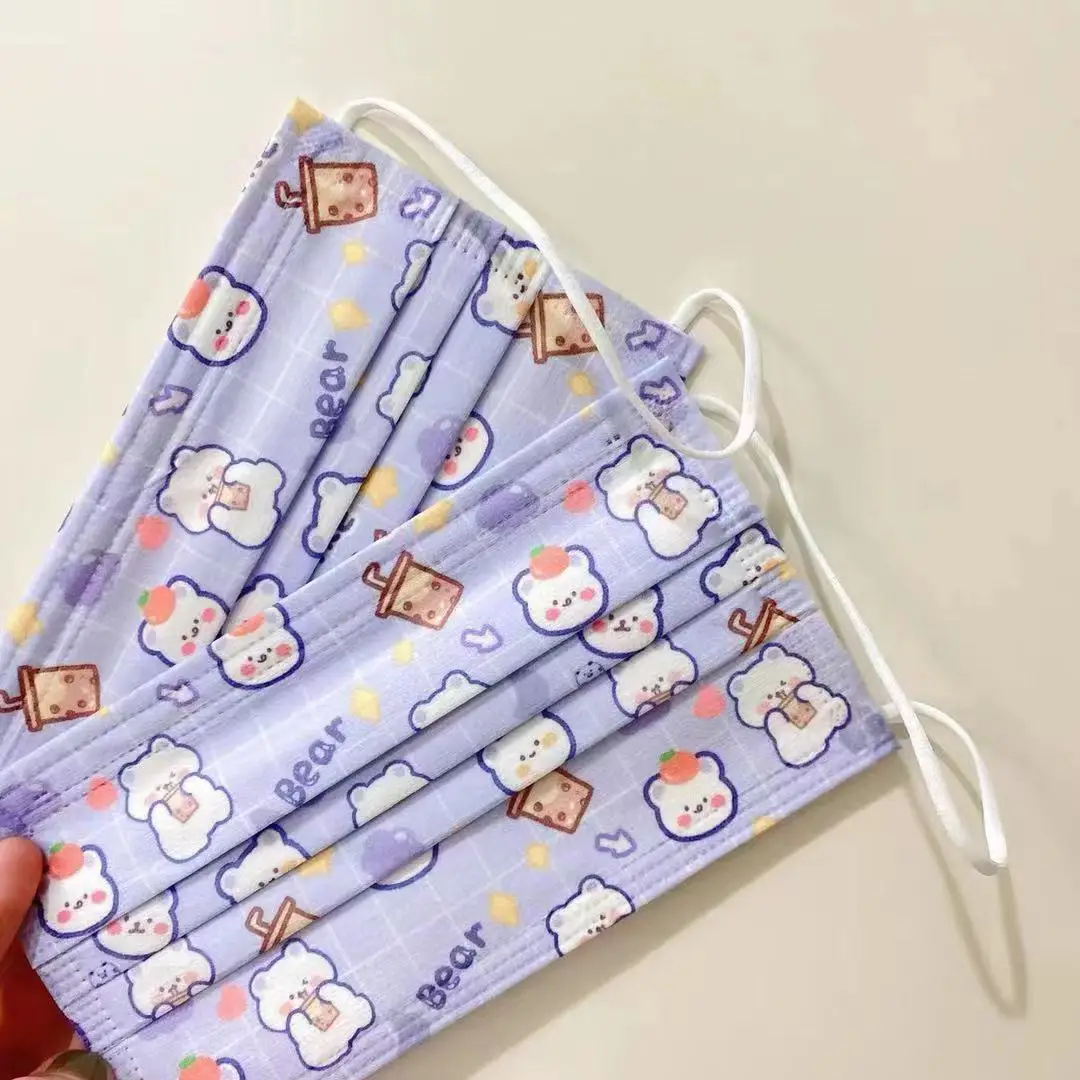 

10pcs Cartoon Bear Printing Mask Dustproof Breathable Anti-Haze Lolita Hottie Fashion Street Style Three Layers Protection Mask