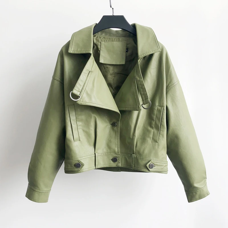 PU Faux Leather Jacket Women's Fashion Loose Lapel Spring / Autumn Motorcycle Motorcycle Jacket Women Streetwear Retro Clothing