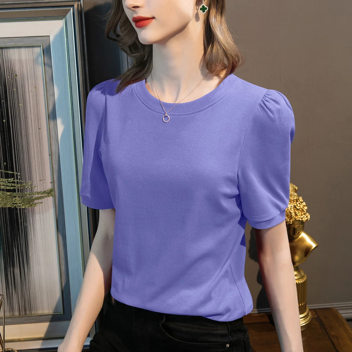 

Women's Tops Solid Color Casual Round Neck 100% Cotton Short Sleeves 2022 grey
