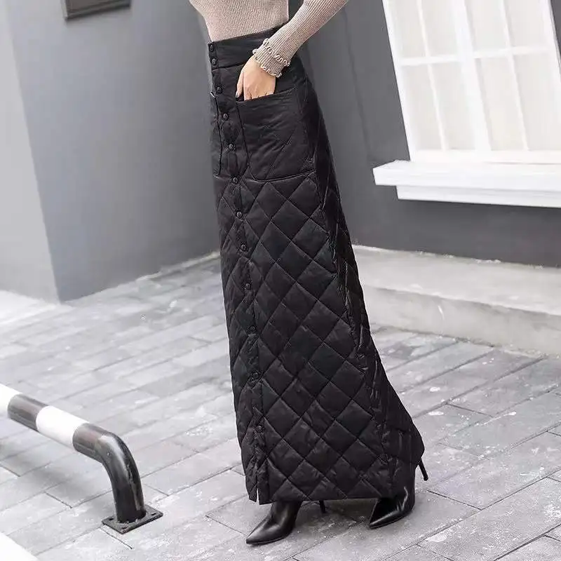 Женская зимняя стеганая юбка на пуговицах, плотная ветрозащитная теплая длинная юбка трапециевидной формы на пуговицах, T425, 2023