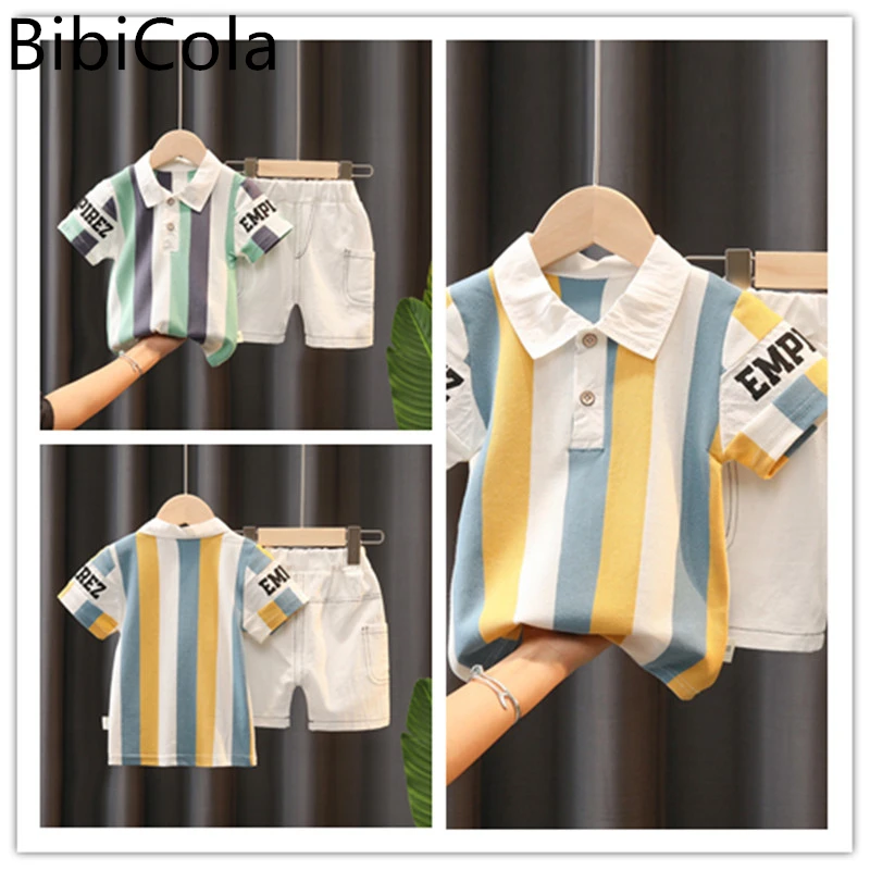 

Boys fashion suits summer clothes children's lapel shirt net red baby hit color striped T-shirt shorts two-piece trend