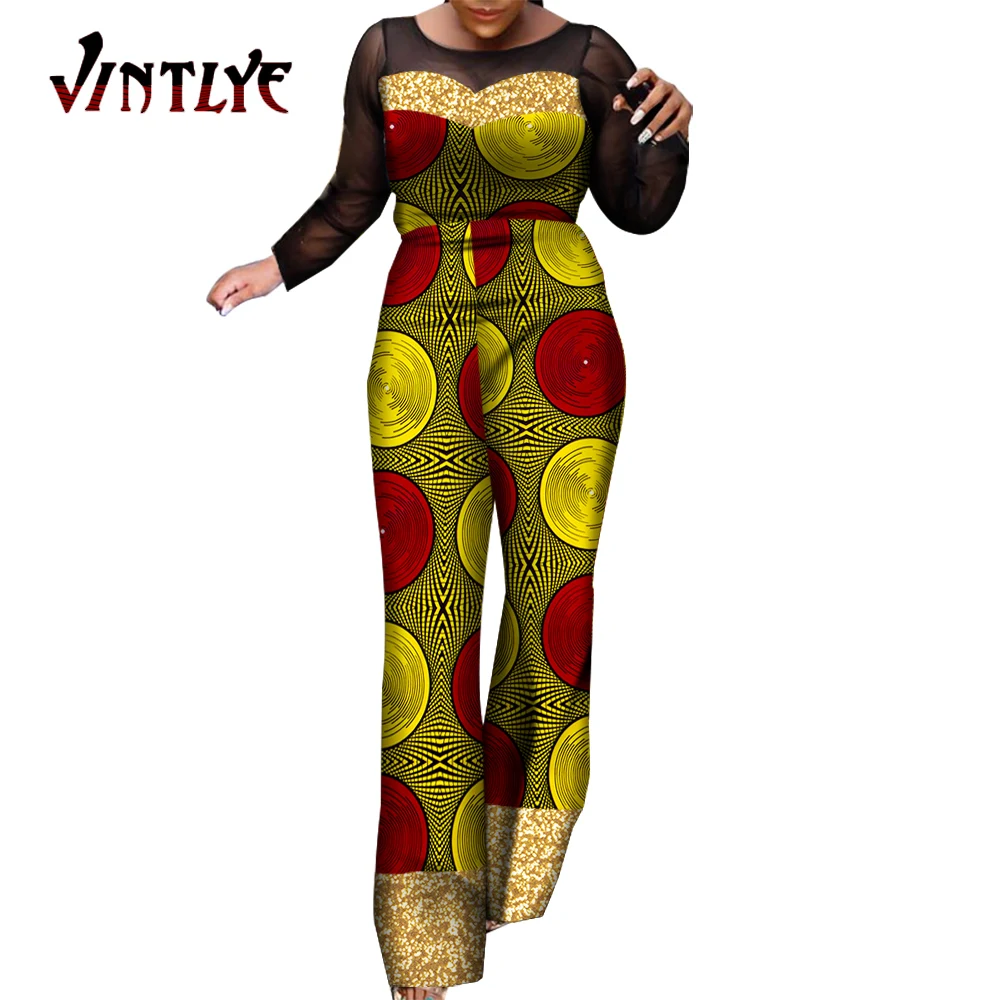 Bazin Riche African Print Jumpsuit for Women Patchwork Strap Collar Jumpsuit Traditional African Women Clothing WY7416
