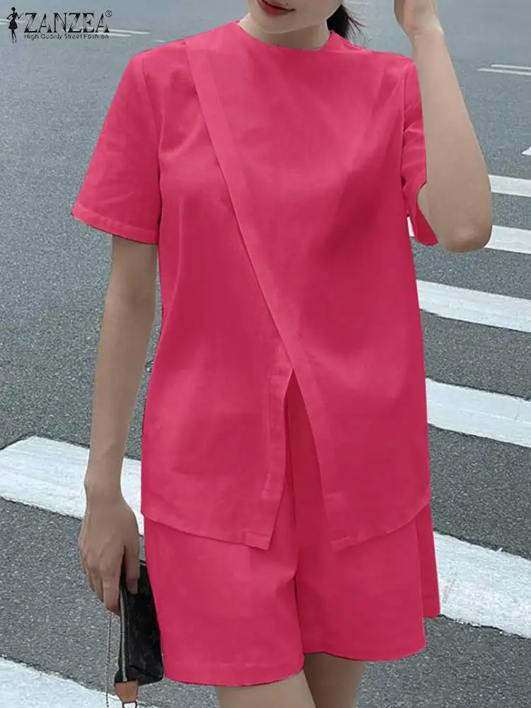 Комплект ZANZEA женский из 2 предметов ассиметричный топ с коротким рукавом и шорты