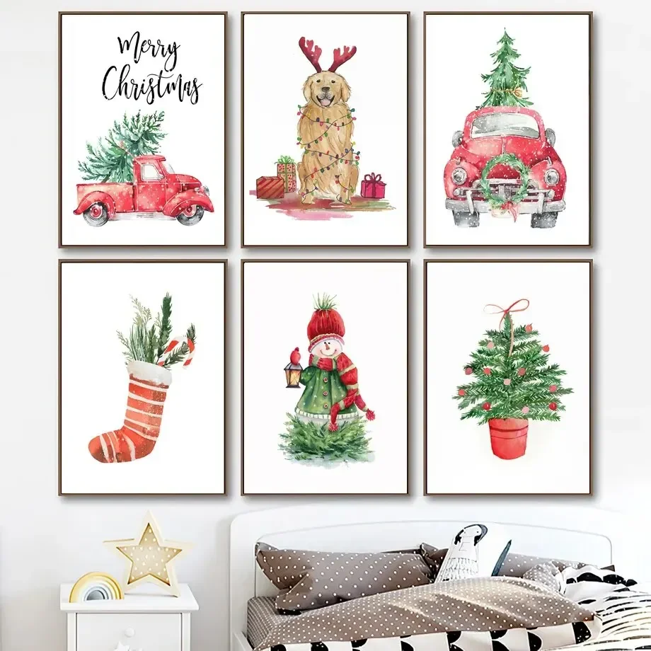 

Cartoon Christmas Tree Socks Snowman Car Dog Wall Art Oil Painting Posters and Prints Nordic Children's Room Decoration Pictures