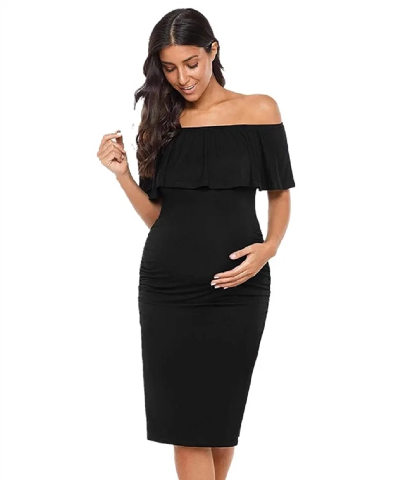 Women's Ruffle Off Shoulder Maternity Dress Casual Solid Color Shoulderless Clothes Sexy Ruched Sides Knee-Length Pregnant Dress enlarge