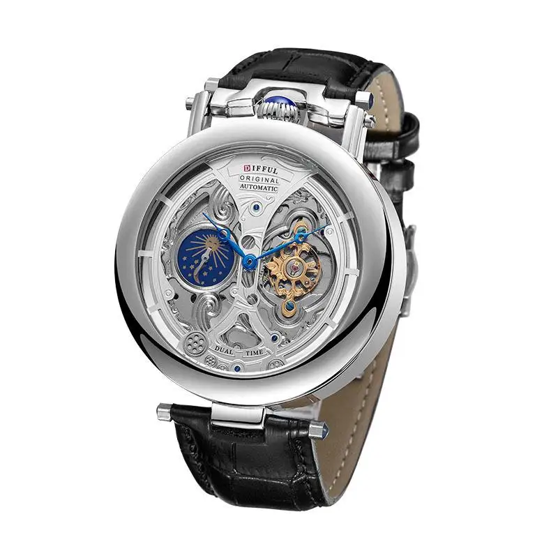 

New Style High Quality Skeleton Men's Sun Moon Phase Waterproof Tourbillon Luxury Automatic Mechanical Watches