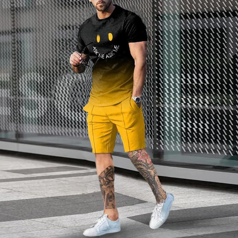 

New Men's Set Sportswear 3D Fashion Smiley Printing Short Short Sleeves Men's T-shirt + Shorts 2 Piece Set Street Clothes