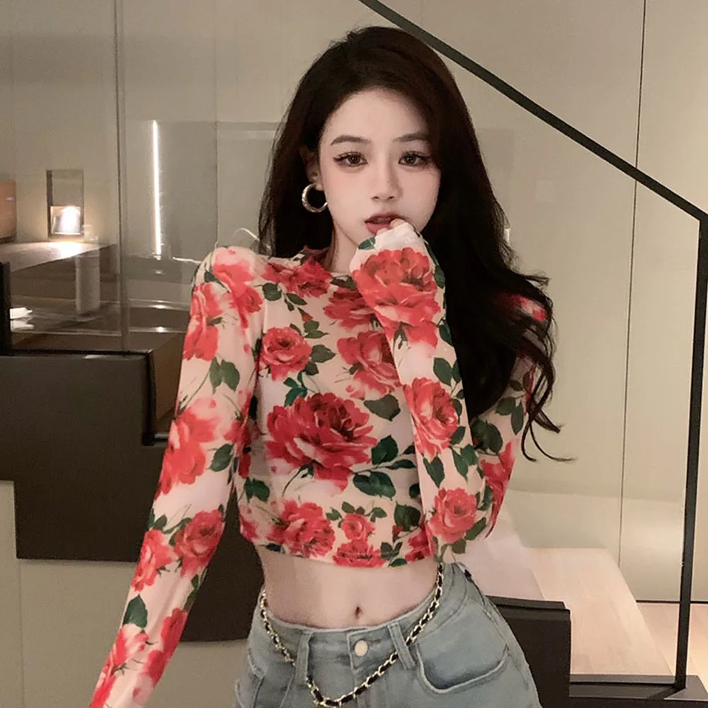 

Summer Korean Fashion Mesh Women Rose Floral sun protection T Shirt Long Sleeve Tees Womens Sexy Tops