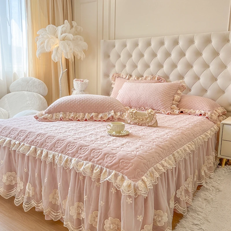 Роскошная розовая утолщенная бархатная юбка для кровати цветочное кружево