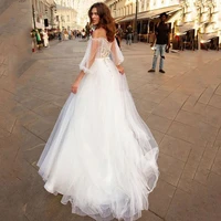 charming boho wedding dress o neck a line organza appliques puff sleeves zipper floor length bridal gown custom vestido de noiva