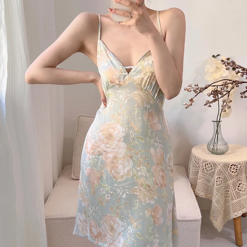 

Sexy printed Sling Nightgown Rayon Nightdress Women's Sexy Lingerie Silk Satin Sleepwear Floral Nightwear Homewear Mini Dress