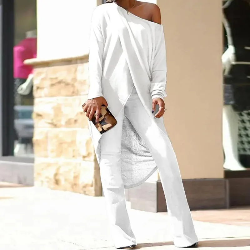 

Women Autumn Street Fashion Long Irregular Top Slim Trousers Solid Two Piece Set Spring Office Lady Suit Elegant Casual 2023 Set