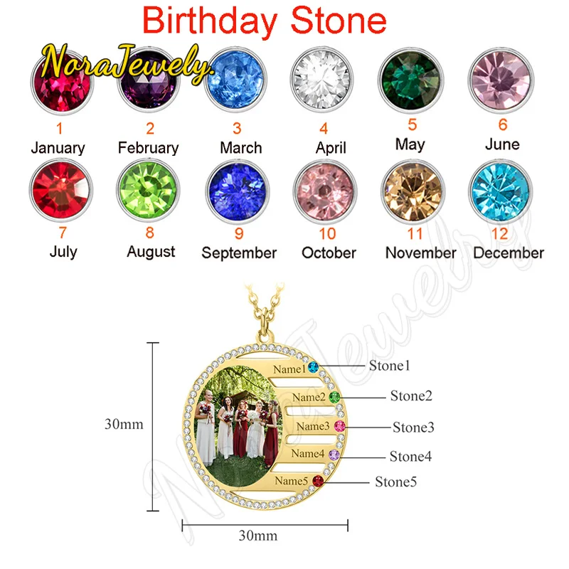 NORAJewelry Personalized NameNecklace For Family Gift Birthstone Crystal Pendant Engrave Necklace Custom Stainless Steel Jewelry