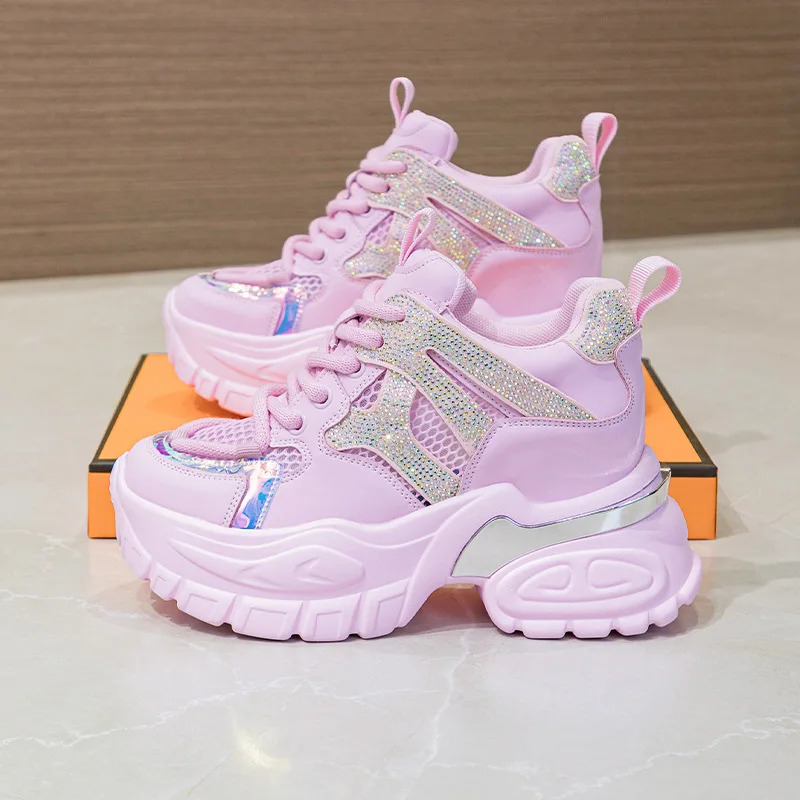 10.5cm Air Mesh Hollow Female Platform 2023 Wedge Chunky Sneakers Genuine Leather Comfy Rhinestone Fashion Summer Women Shoes