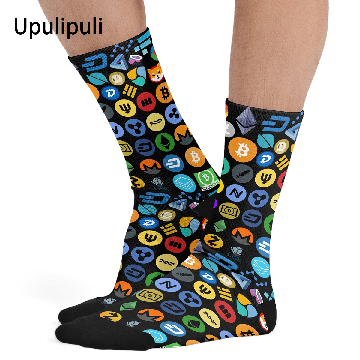 

For Men Crypto Logos Thick Contrast Color Socks 85% Polyester Clothes Socks Cryptocurrency Bitcoin Middle Tube Socks Gift Idea