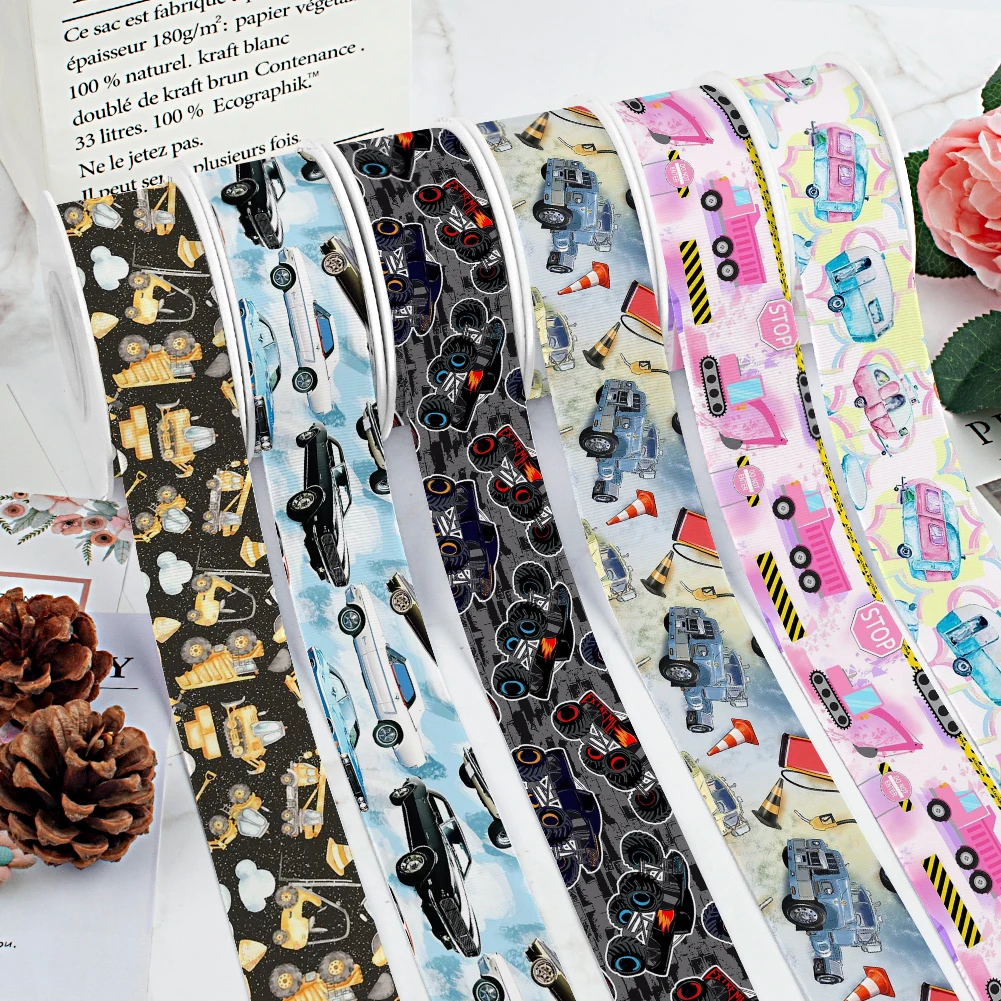 

Cartoon Various Cars Pattern Printed Grosgrain Satin Ribbon for Gift Wrapping Hair Bow Craft Accessory 50 Yards