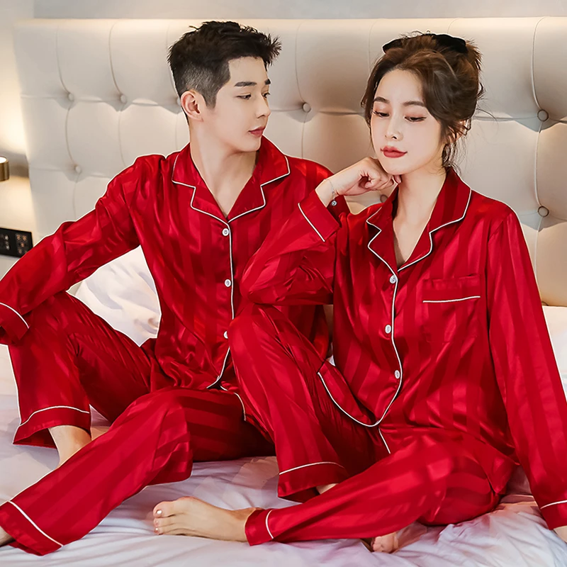 CAIYIER Stripe Solid Color Print Lovers Pajamas Set Winter Long Sleece Home Clothes Men&Women Silk Couple Nightwear Sleep Lounge