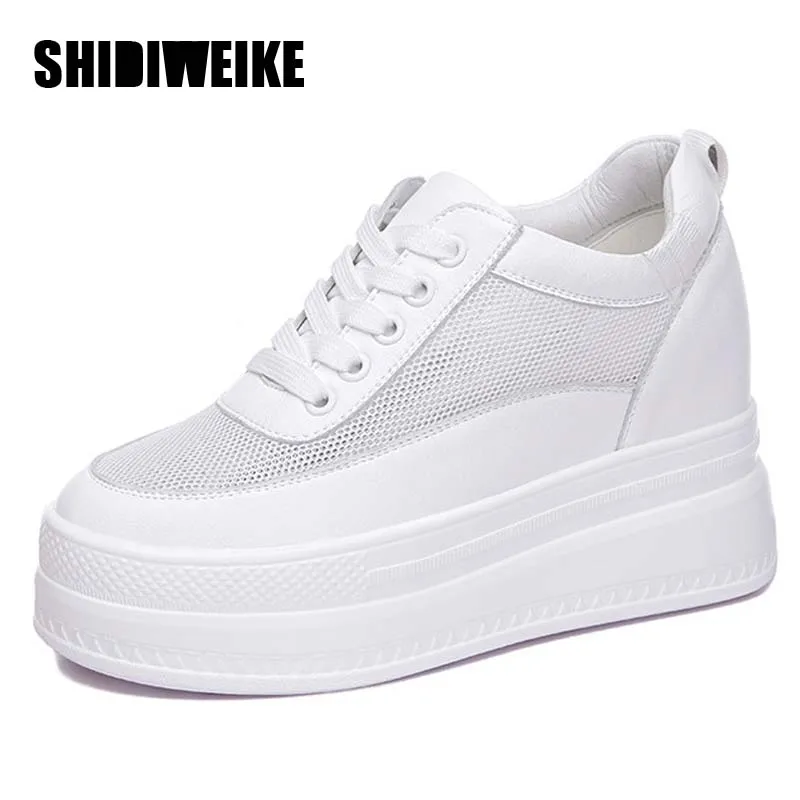 

9cm Genuine Leather Summer Women Sneakers Flat Platform Vulcanize Shoes Breathable Casual Internal Increase Shoes For Women