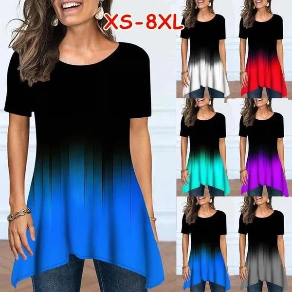 

XS-8XL Women's Clothes Casual O-neck Short Sleeved Tops Ladies Gradient Printed Blouses Loose T-shirts Plus Size Cotton Shirts