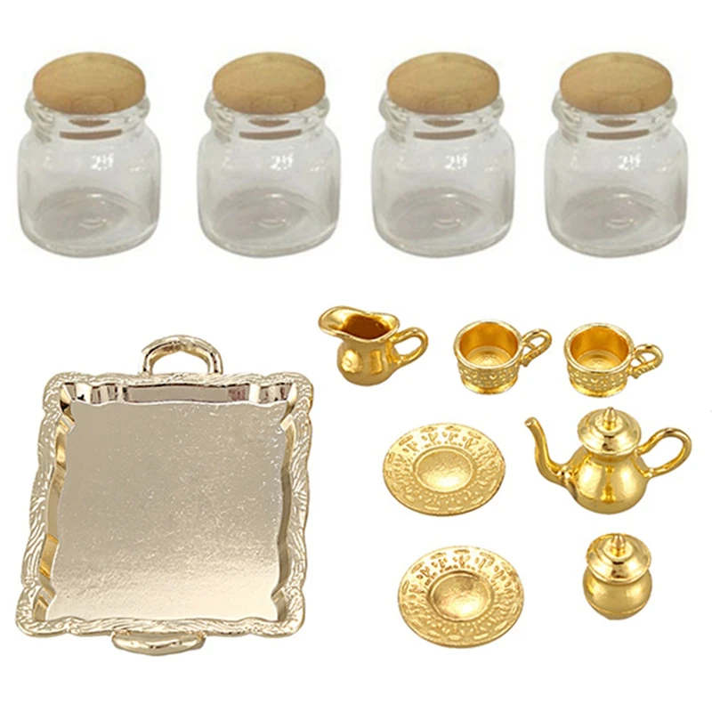 

4Pcs 1:12 Scale Dollhouse Miniature Candy Food Jar With 8Pcs Dollhouse Miniature 1: 12 Toy Metal Tea Set