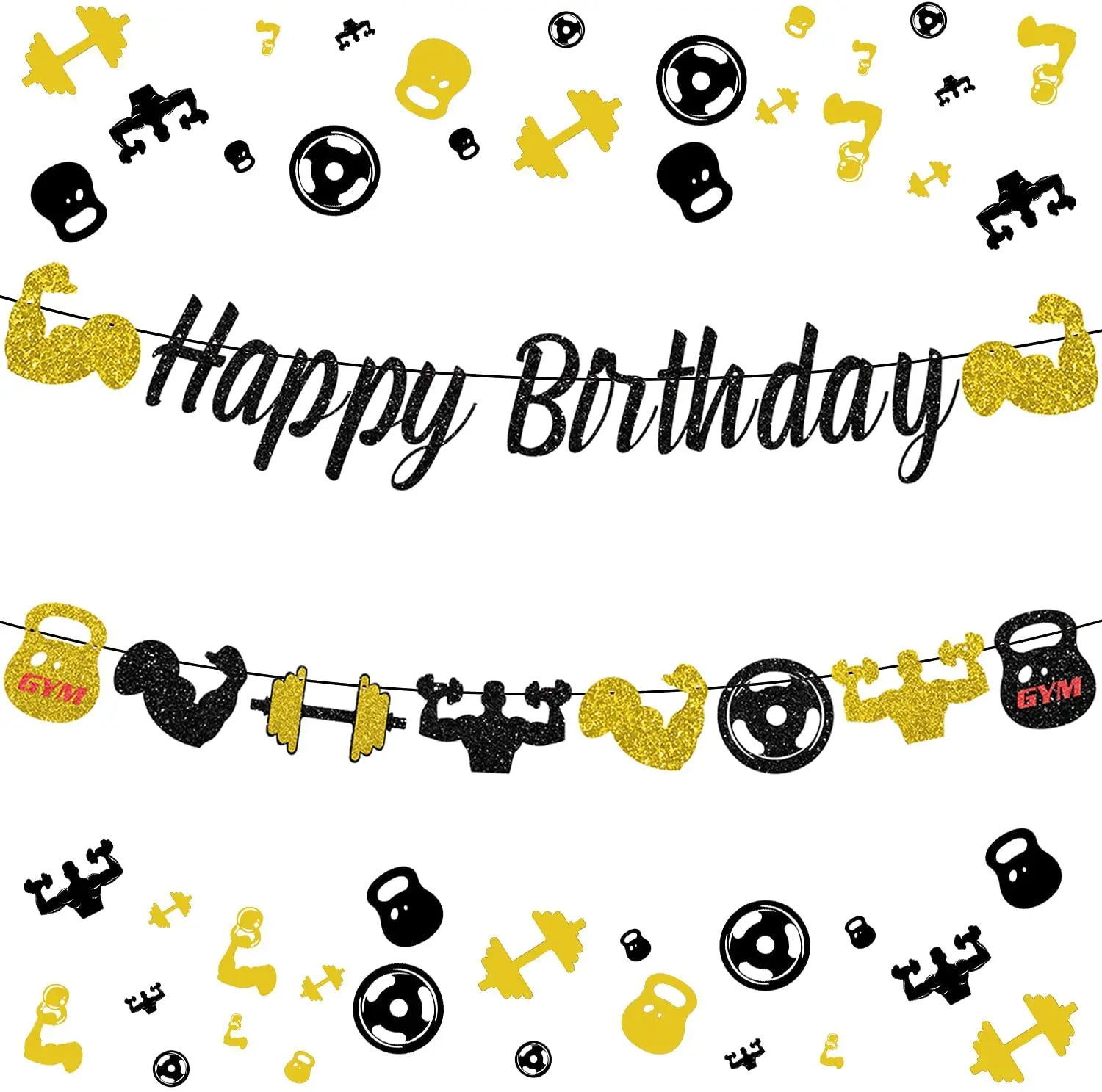 

JOYMEMO Gym Happy Birthday Banner Glitter Black and Gold Fitness Themed Birthday Banner for Men Birthday Party Decorations