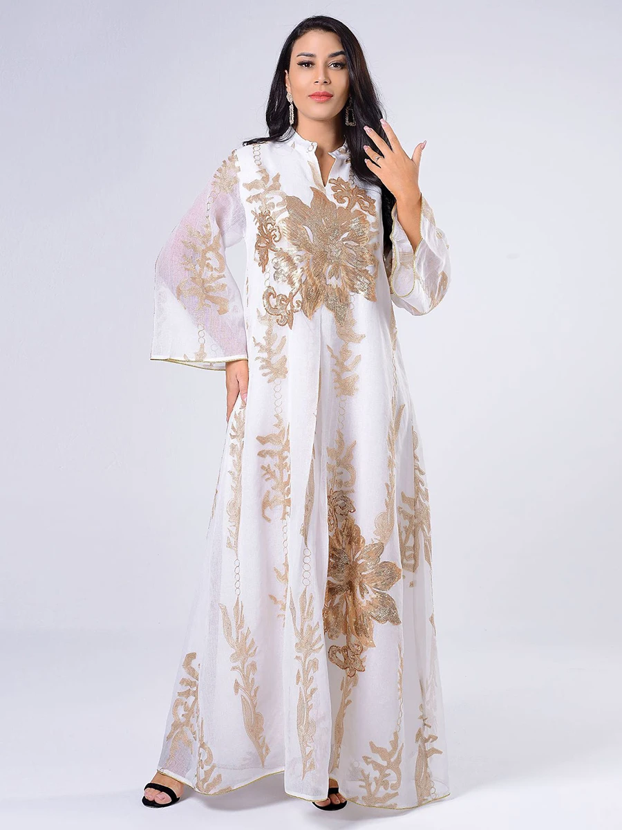 

Siskakia Sequins Embroidered Abaya Dress For Women Moroccan Kaftan Turkey Arabic Jalabiya White Islamic Ethnic Robe 2021 Eid New