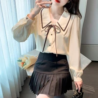 new korean lace up doll collar women blouse shirt spring autumn puff long sleeve office blouse apricot ladies fashion top