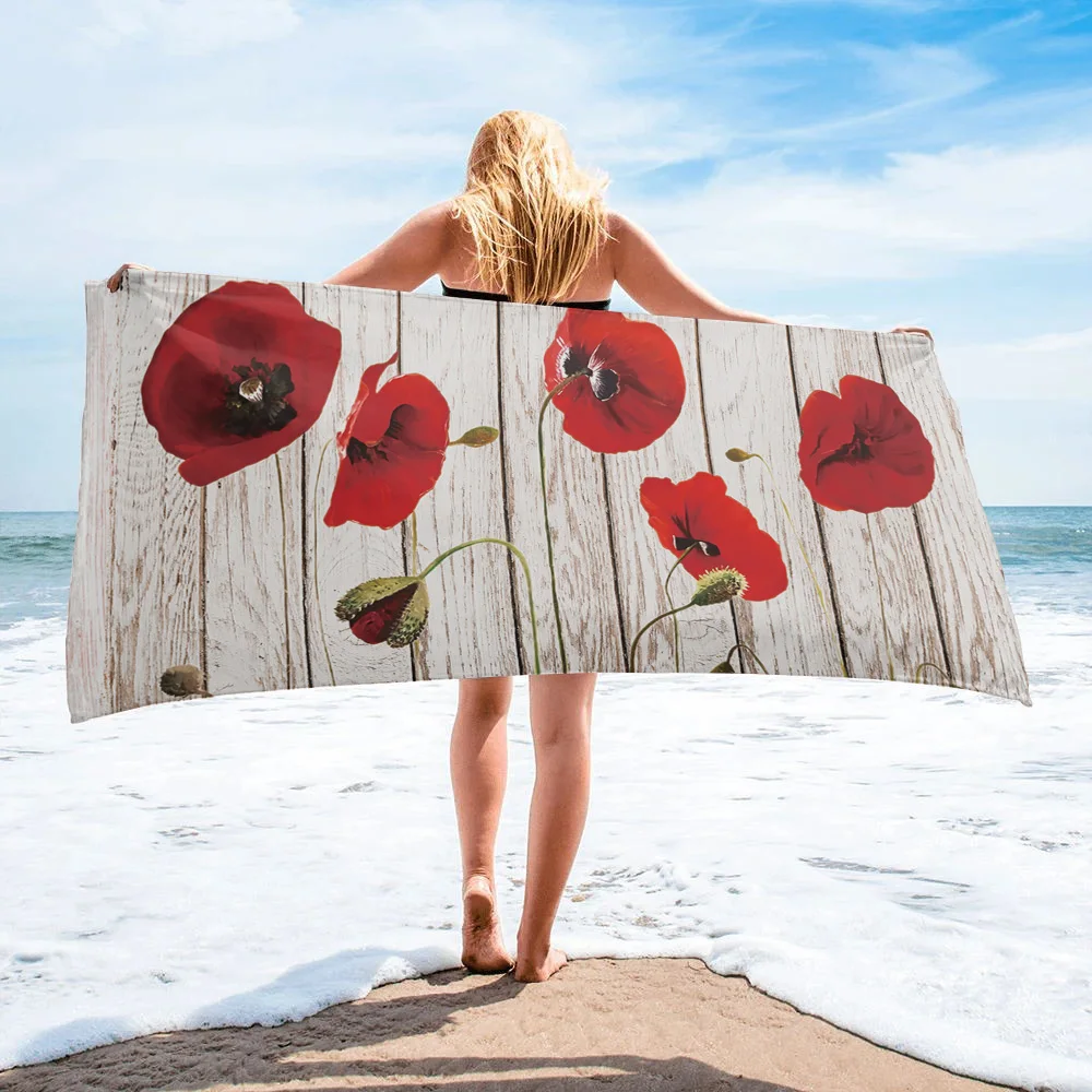 

Винтажное банное полотенце с деревянной текстурой и красным маковым цветком, полотенце для ванной из микрофибры, быстросохнущее пляжное по...