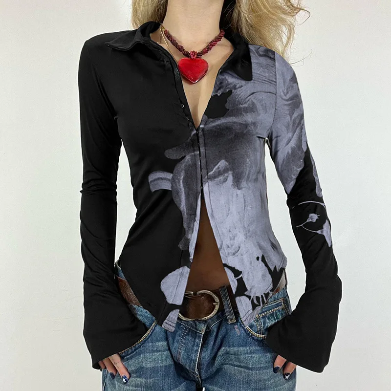 

French-style Color-block Abstract Print Single-breasted Slim Fit Contrasting Shirt, Autumn Trendy Lazy Relaxed Cardigan Elegance