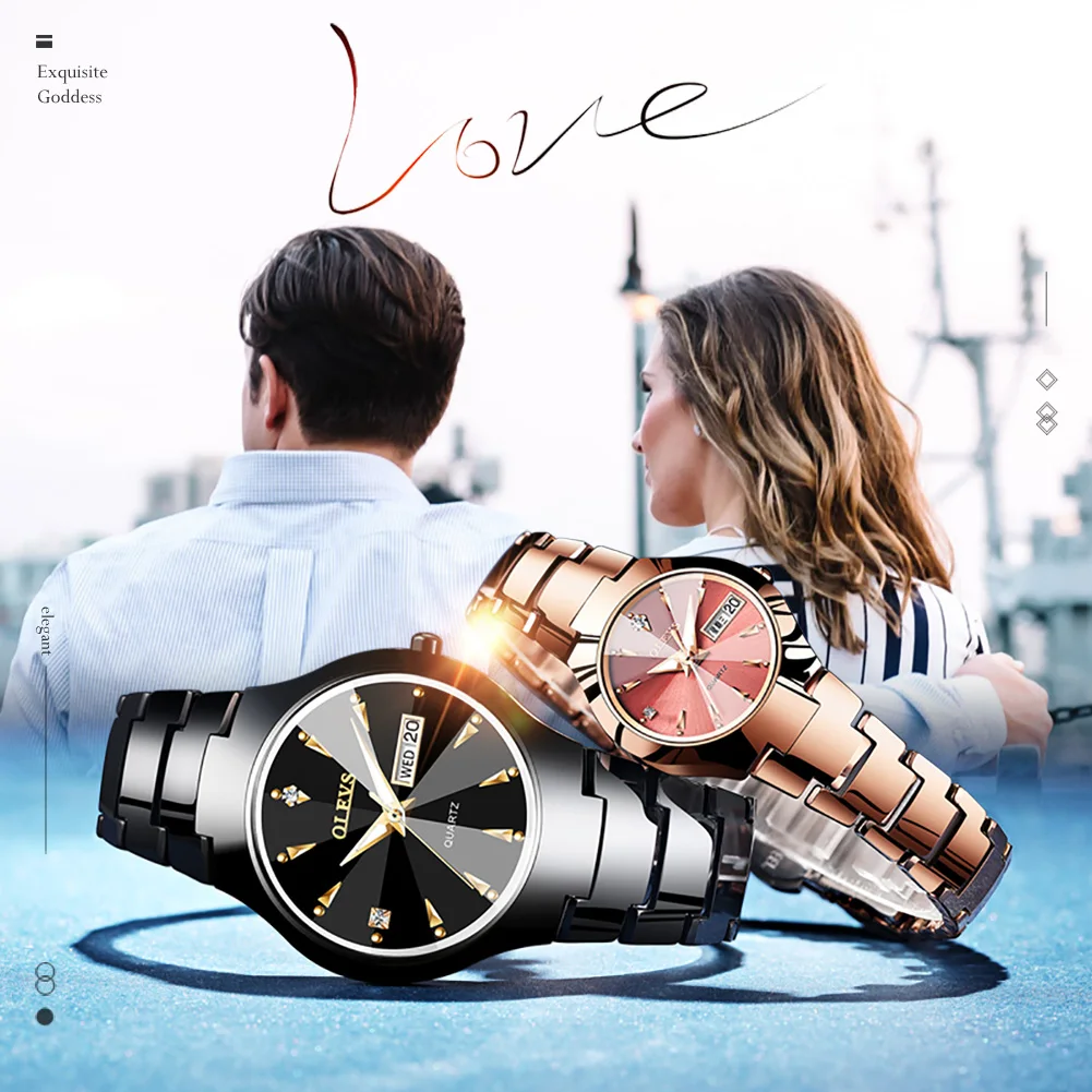 Best Couple New OLEVS Luxury Tungsten Steel Quartz Watch Men And Women Watches Fashion Lovers Watches Women's Dress Watch