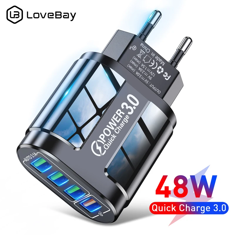 

Lovebay 48W USB Charger Fast Charge QC 3.0 Wall Charging For iPhone 12 Samsung Xiaomi Mobile 4 Ports EU US Plug Adapter Travel